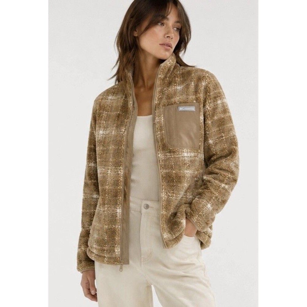 Columbia West Bend Print Full Zip II Sherpa Fleece Teddy Jacket Camel Plaid L